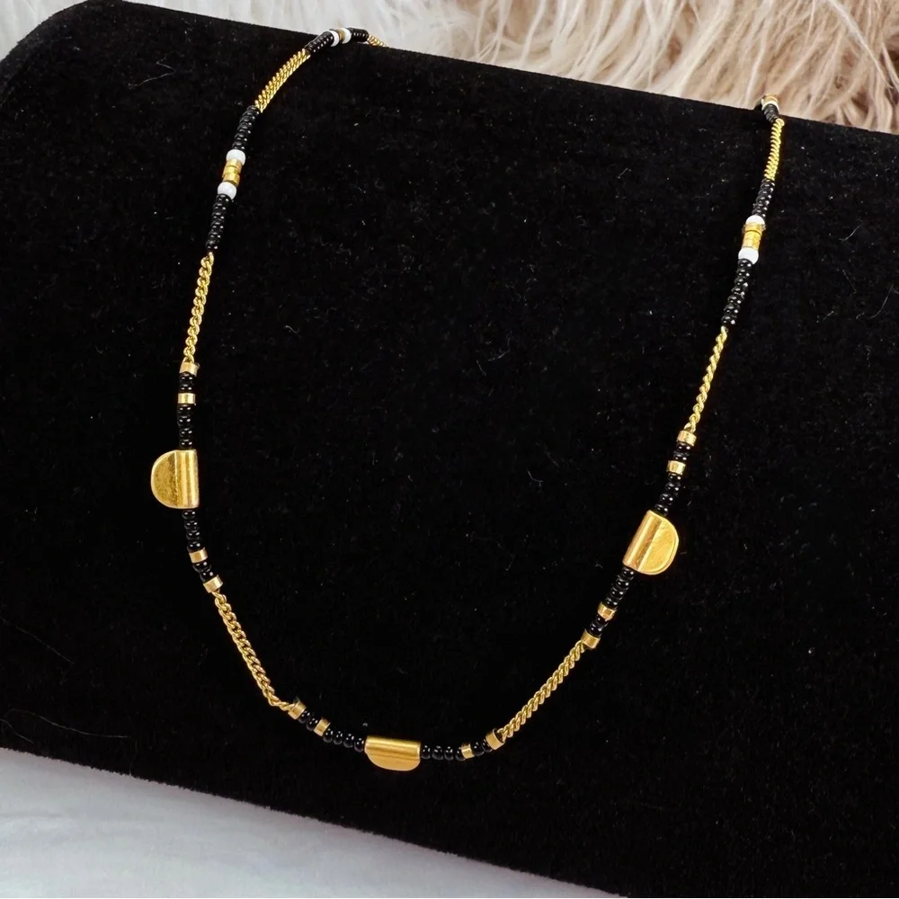 Delicate goldtone, black beaded minimalist necklace